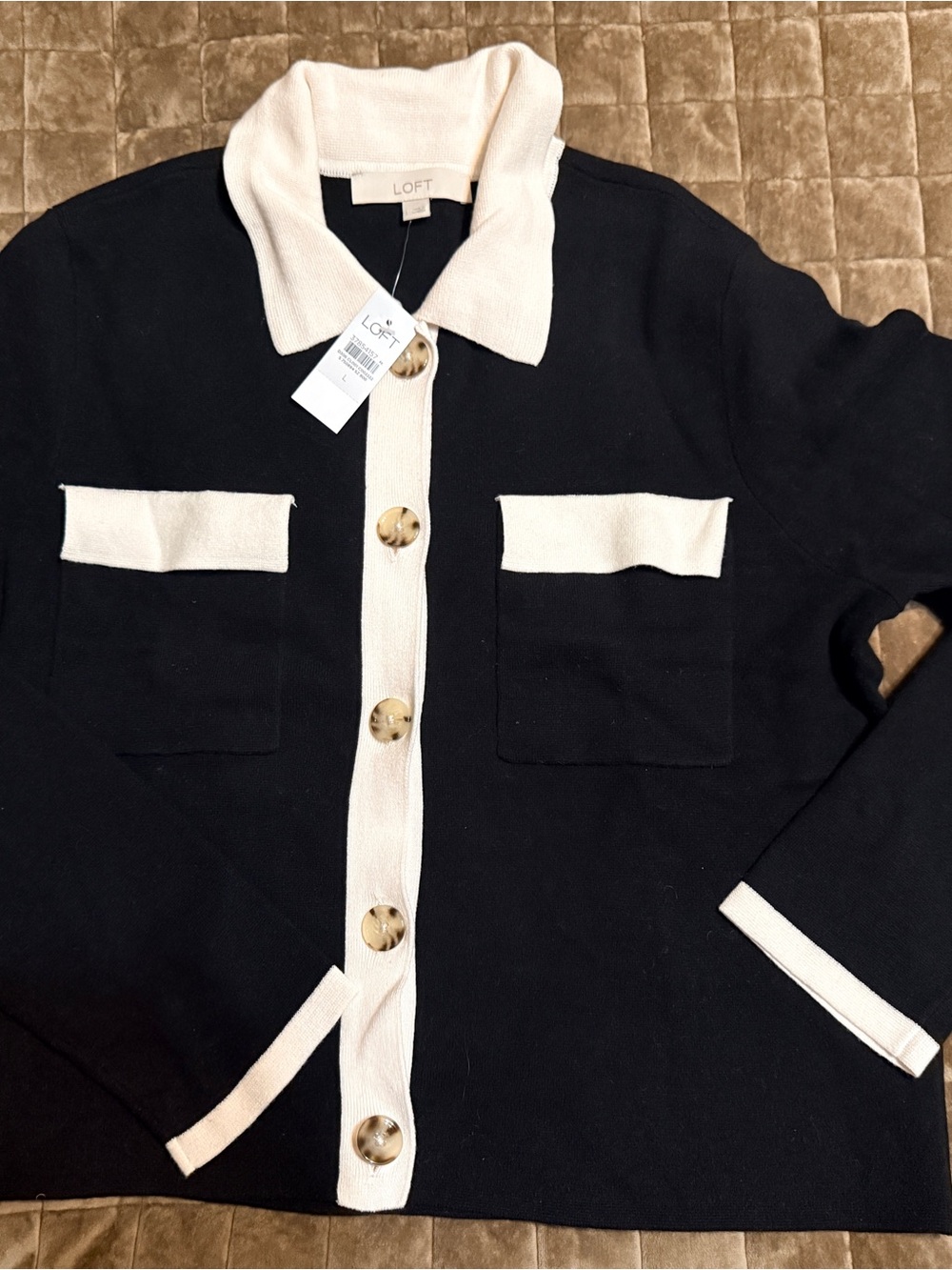 LOFT Black and Cream Contrast-Trim Button Cardigan